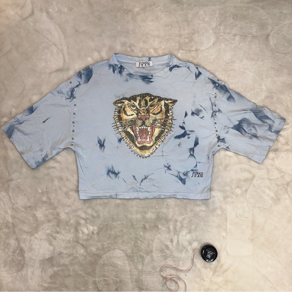 Pinko Jean Blue Tie Dye Rhinestone Cropped Tiger Graphic Tshirt Size Small
